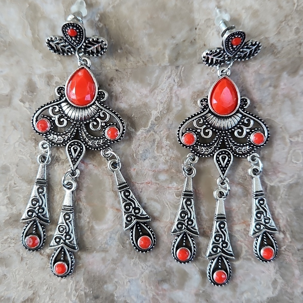 Elegant Silver and Red Dangle Earrings, New